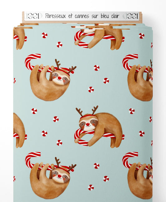 Tissu - Paresseux et cannes sur bleu clair