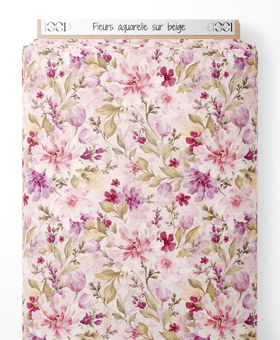 Tissu - Fleurs aquarelle sur beige