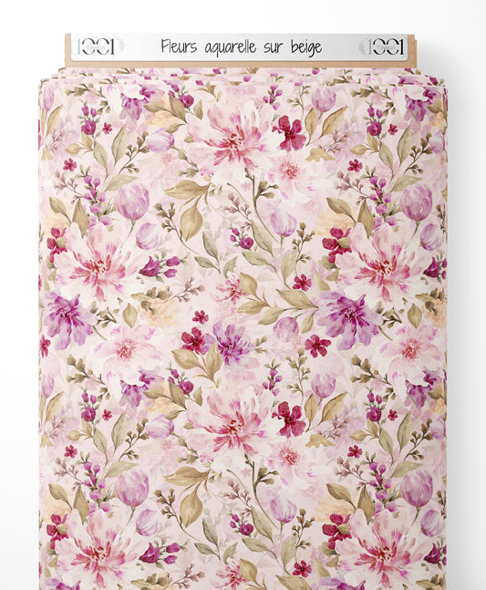 Tissu - Fleurs aquarelle sur beige