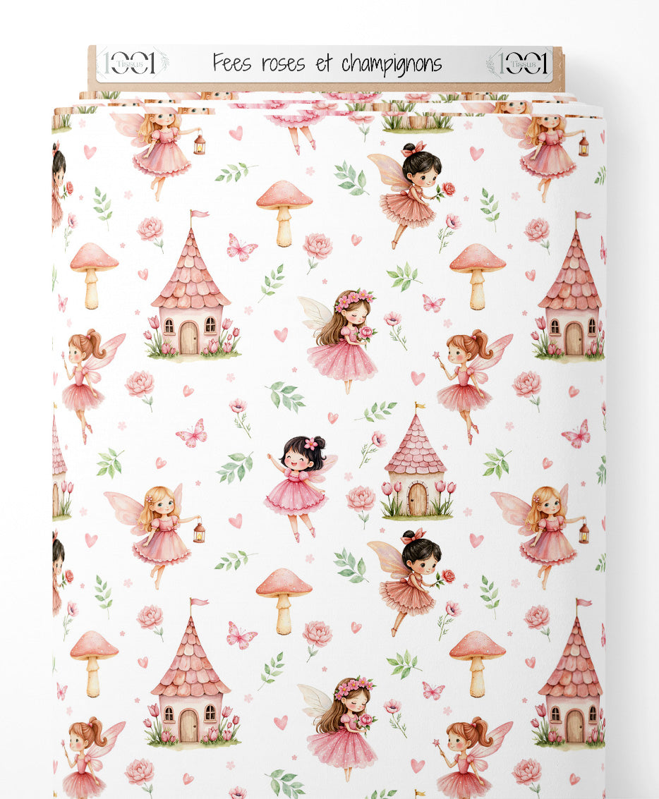 Tissu - Fées roses et champignons