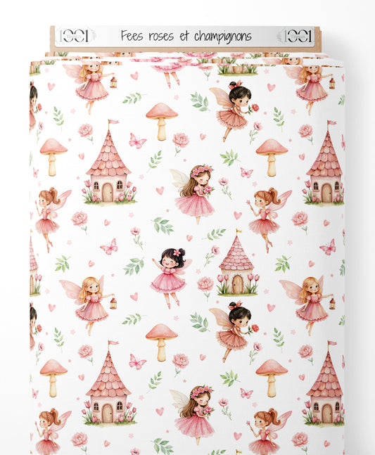 Tissu - Fées roses et champignons