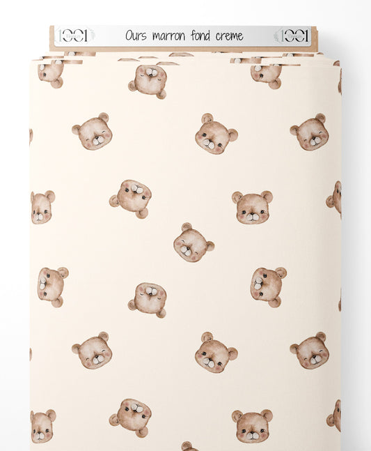 Tissu - Ours marron sur fond crème