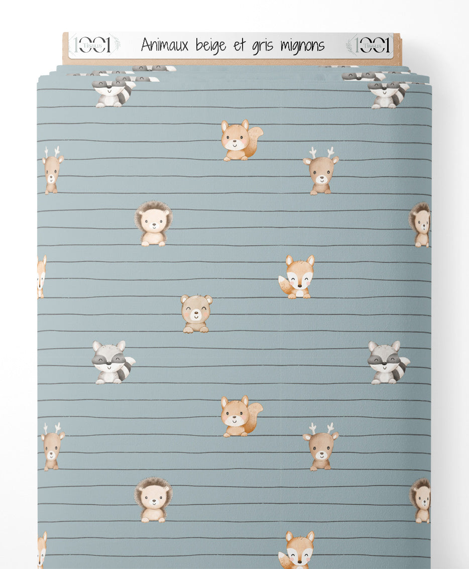 Tissu - Animaux beige et gris mignons