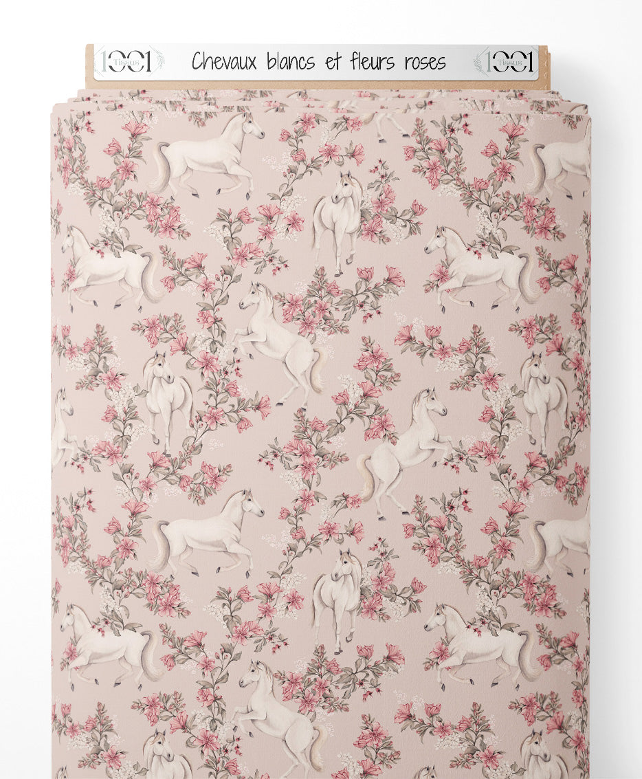 Tissu - Chevaux blancs et fleurs roses