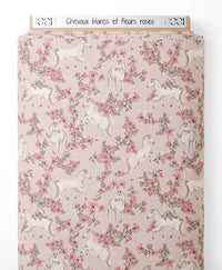 Tissu - Chevaux blancs et fleurs roses