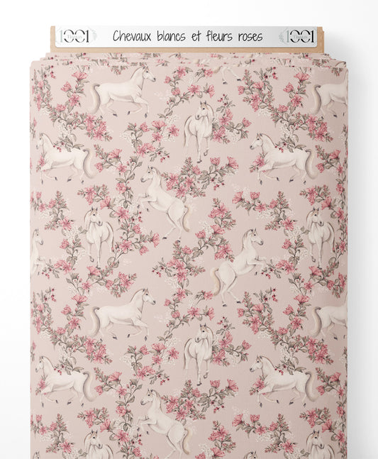 Tissu - Chevaux blancs et fleurs roses