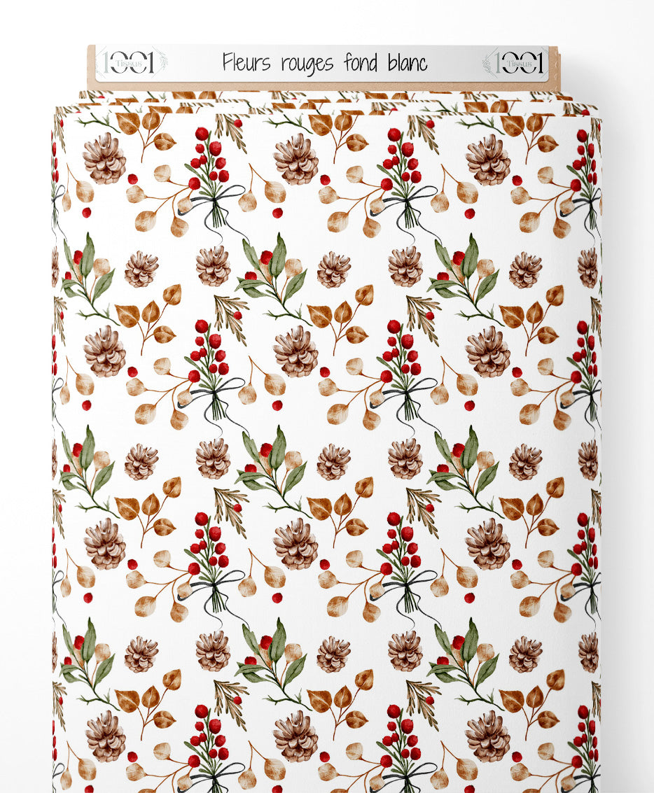 Tissu - Fleurs rouges sur fond blanc