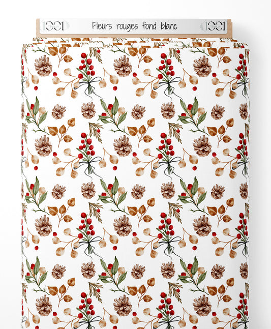 Tissu - Fleurs rouges sur fond blanc