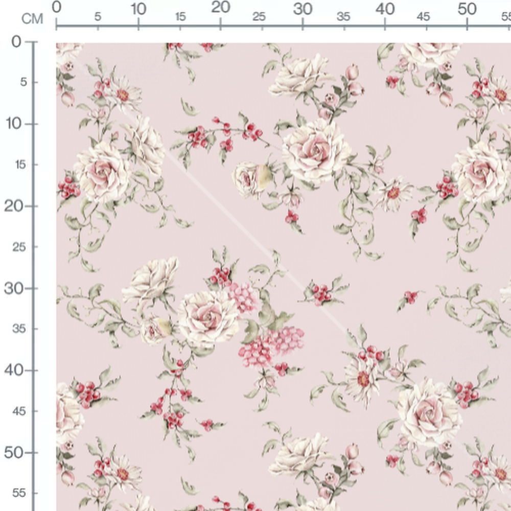 Tissu - Fleurs roses et baies rouges