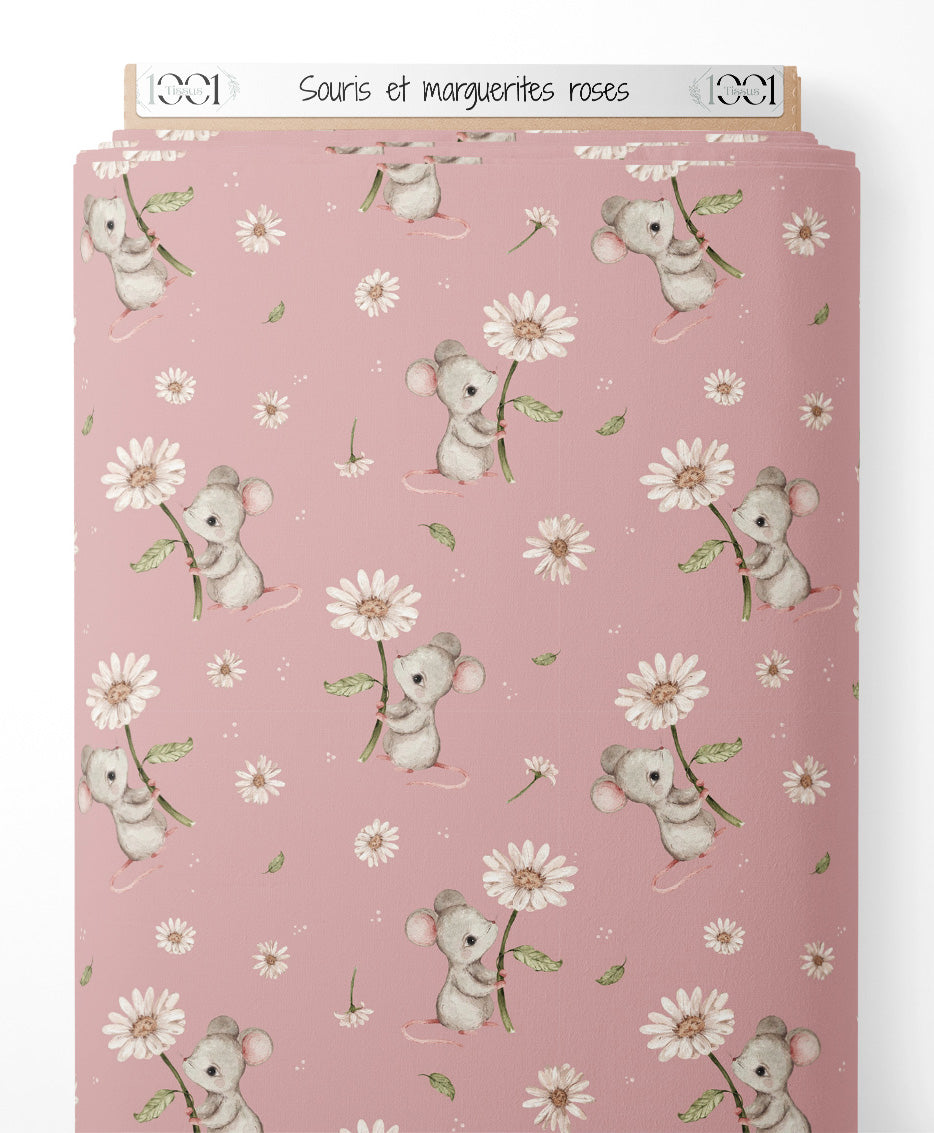 Tissu - Souris et marguerites roses