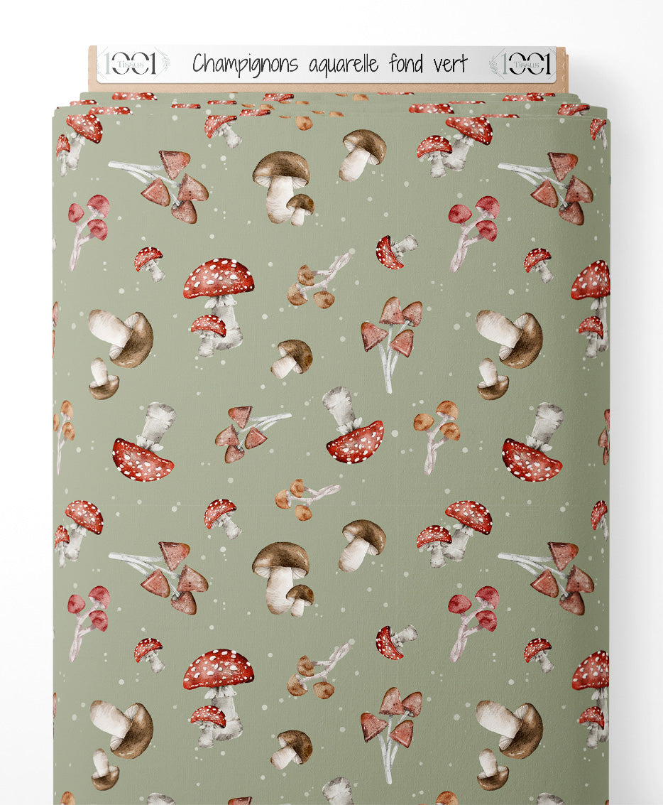 Tissu - Champignons aquarelle fond vert