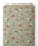 Tissu - Champignons aquarelle fond vert