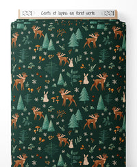 Tissu - Cerfs et lapins en forêt verte