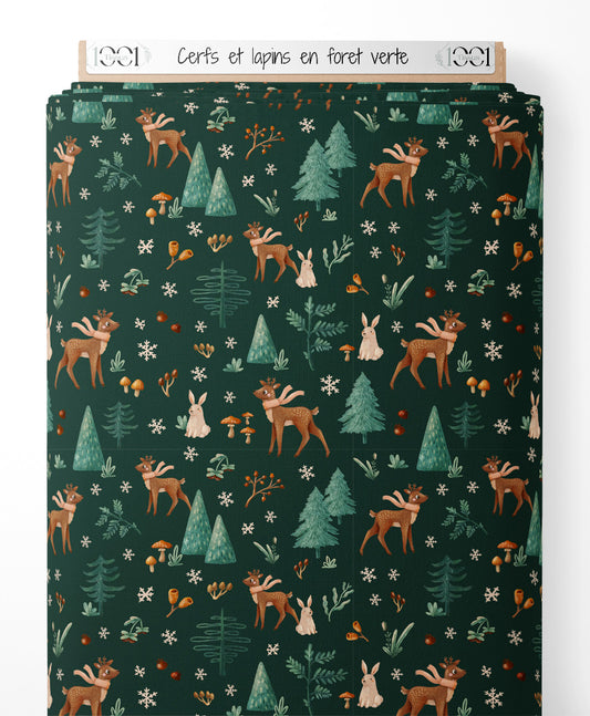 Tissu - Cerfs et lapins en forêt verte