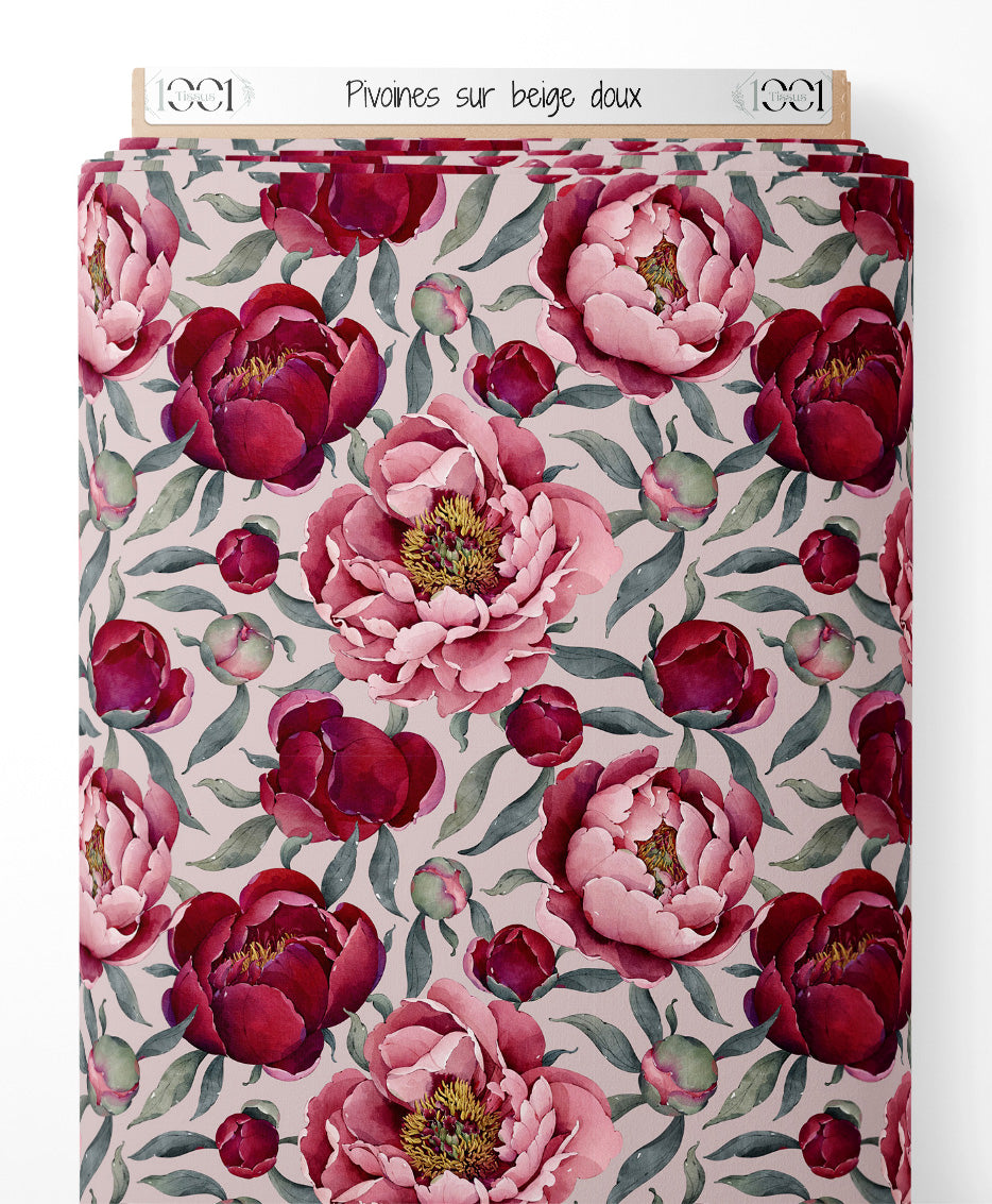 Tissu - Pivoines sur beige doux
