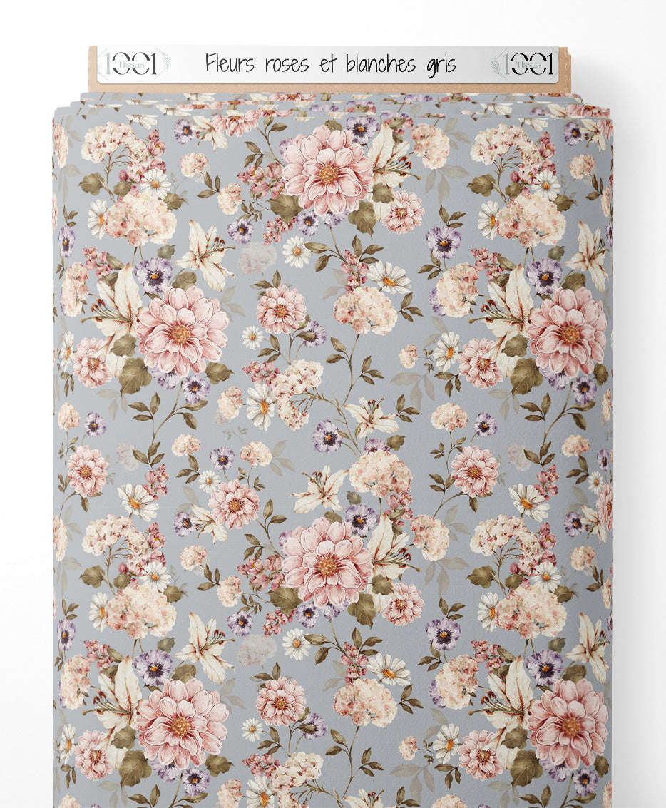 Tissu - Fleurs roses et blanches gris