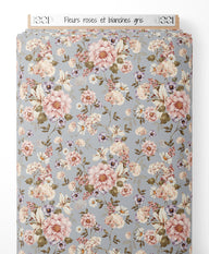 Tissu - Fleurs roses et blanches gris