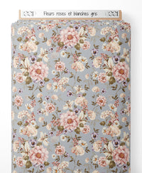 Tissu - Fleurs roses et blanches gris