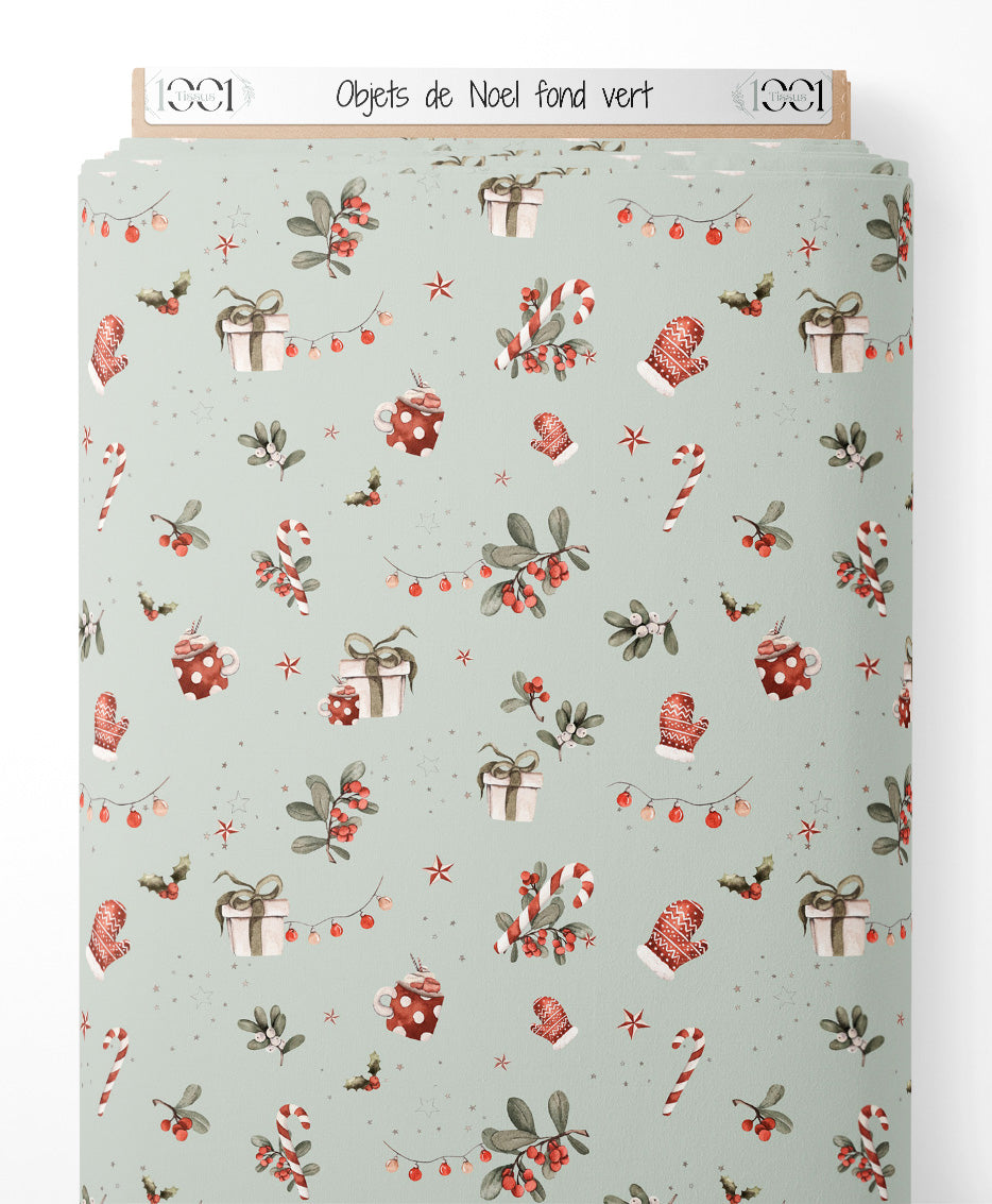 Tissu - Objets de Noël sur fond vert