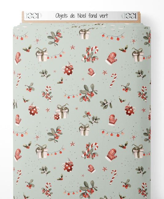 Tissu - Objets de Noël sur fond vert