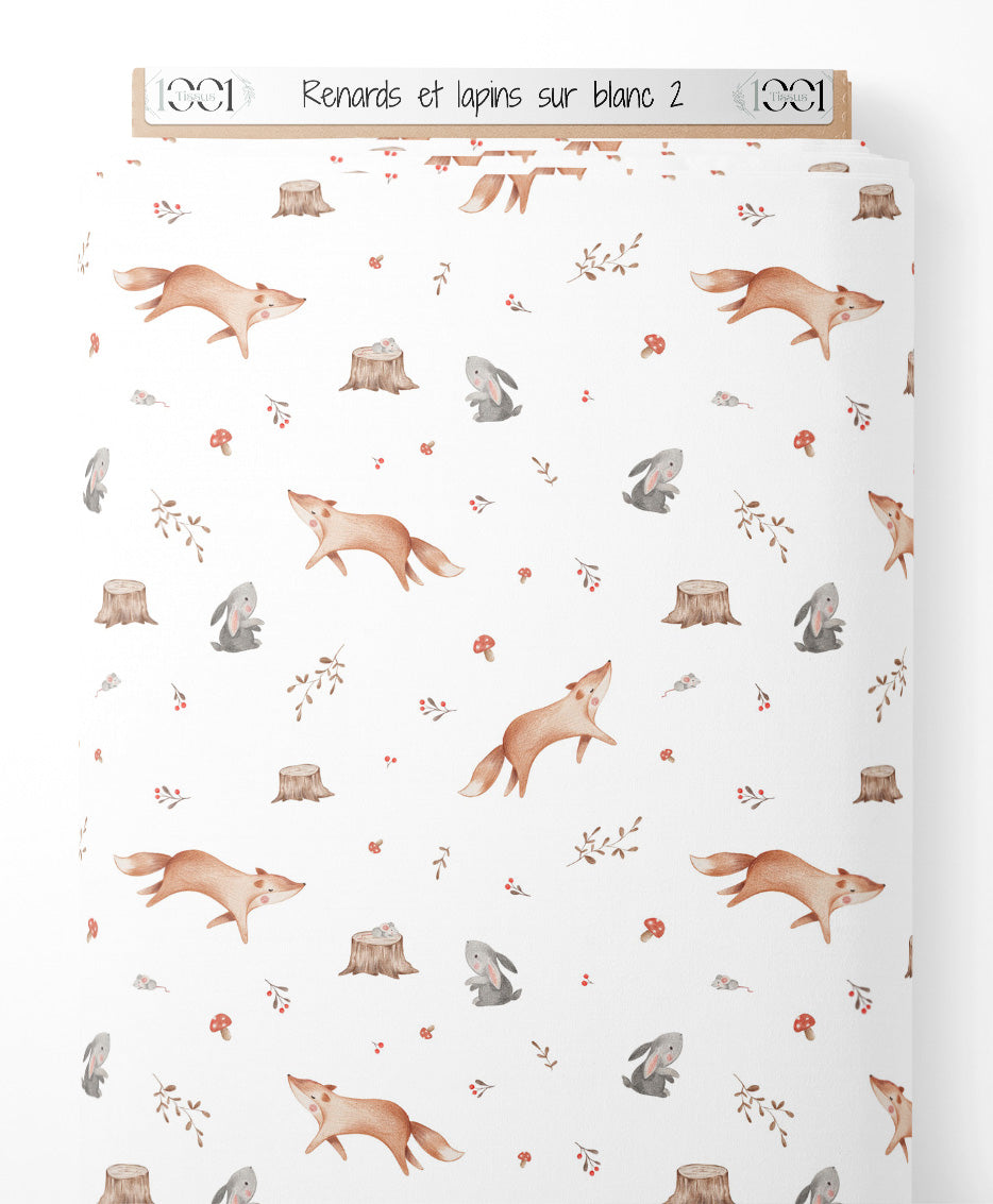 Tissu - Renards et lapins sur blanc 2