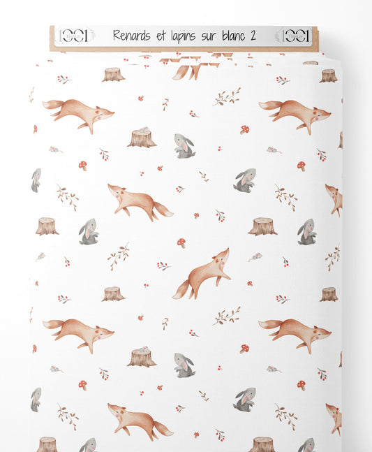 Tissu - Renards et lapins sur blanc 2