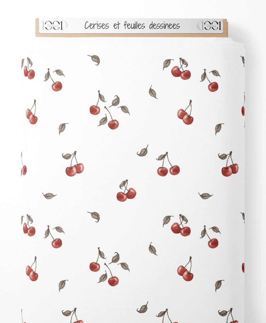 Tissu - Cerises et feuilles dessinées