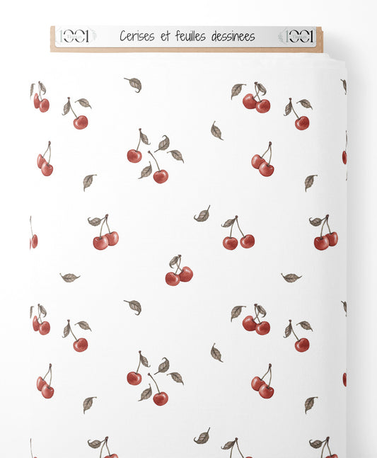 Tissu - Cerises et feuilles dessinées
