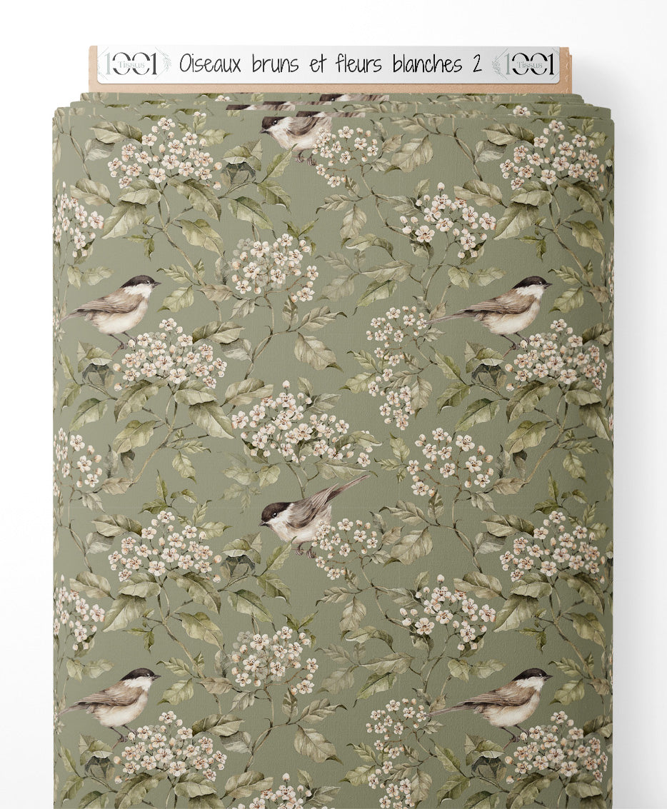 Tissu - Oiseaux bruns et fleurs blanches 2
