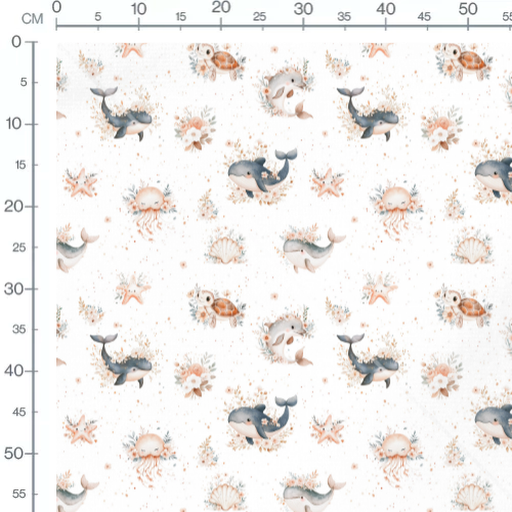 Tissu - Animaux marins et fleurs
