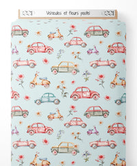 Tissu - Véhicules et fleurs pastel