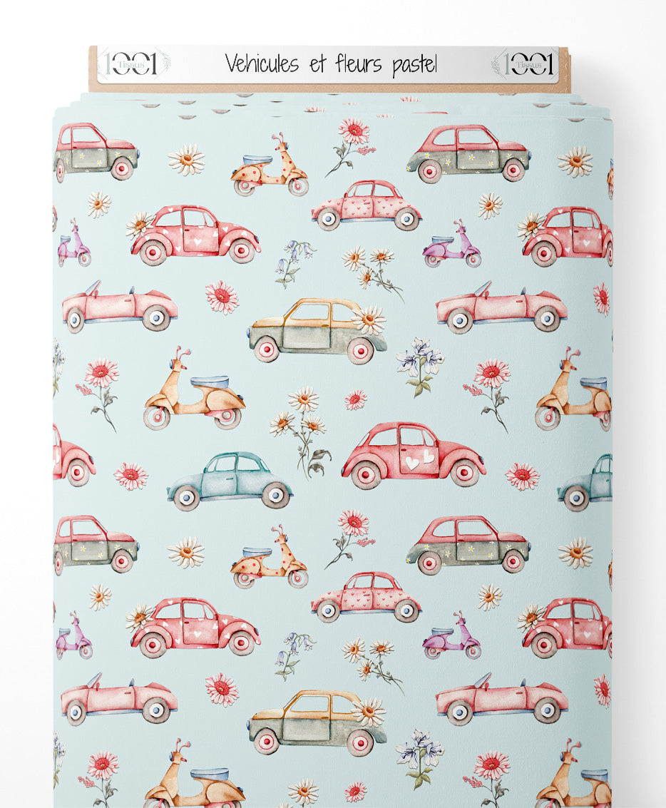 Tissu - Véhicules et fleurs pastel