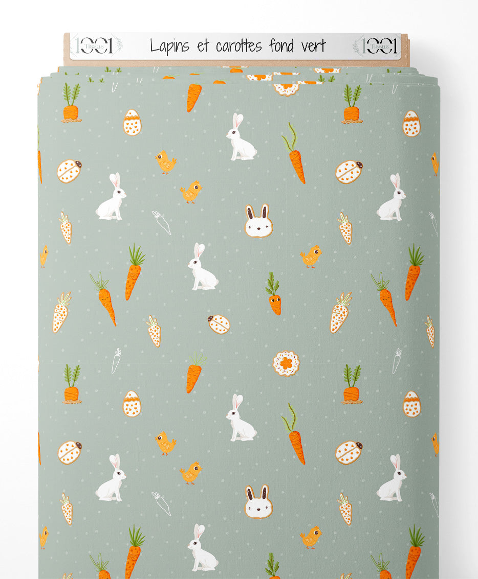 Tissu - Lapins et carottes sur fond vert