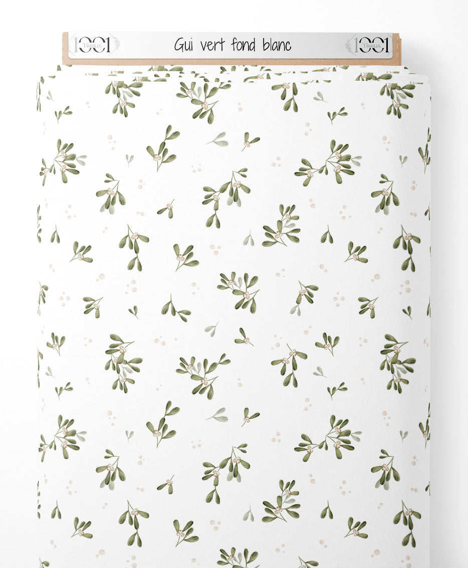 Tissu - Gui vert sur fond blanc