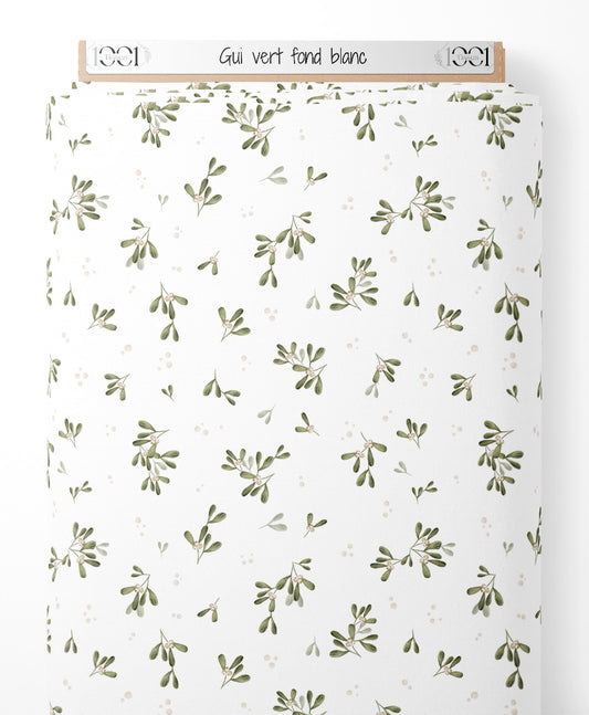 Tissu - Gui vert sur fond blanc
