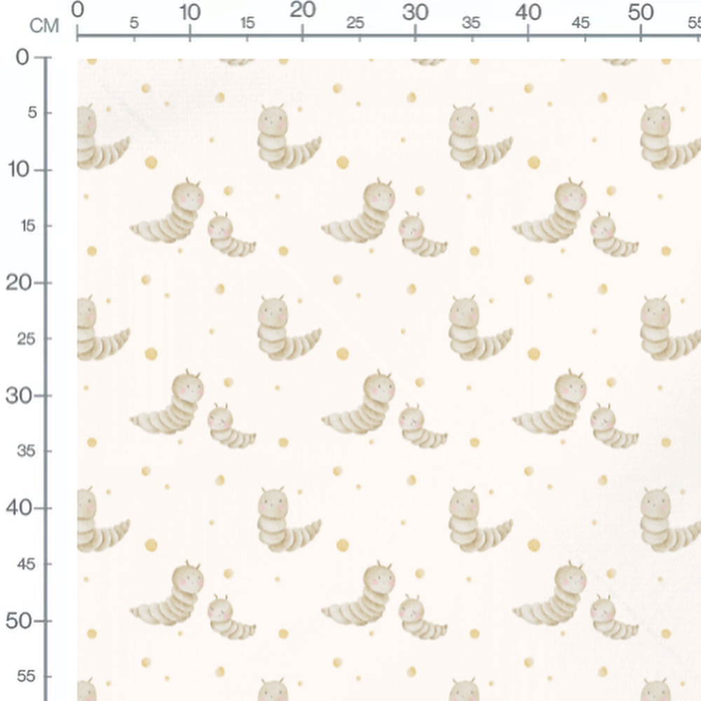Tissu - Chenilles blanches et pois jaunes