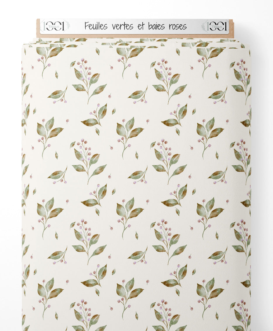 Tissu - Feuilles vertes et baies roses
