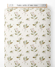 Tissu - Feuilles vertes et baies roses