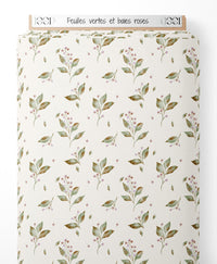 Tissu - Feuilles vertes et baies roses