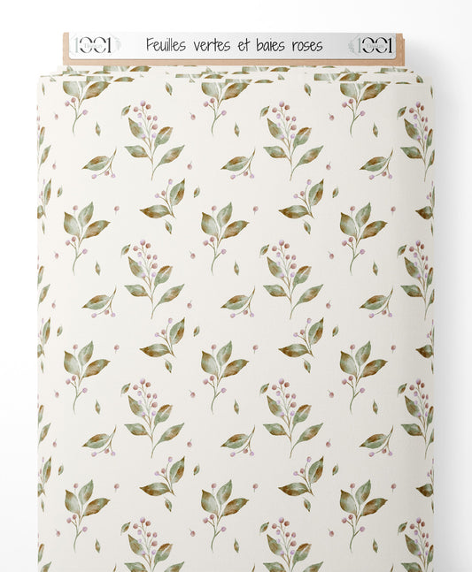 Tissu - Feuilles vertes et baies roses