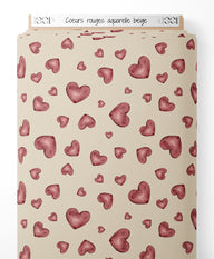 Tissu - Cœurs rouges aquarelle beige