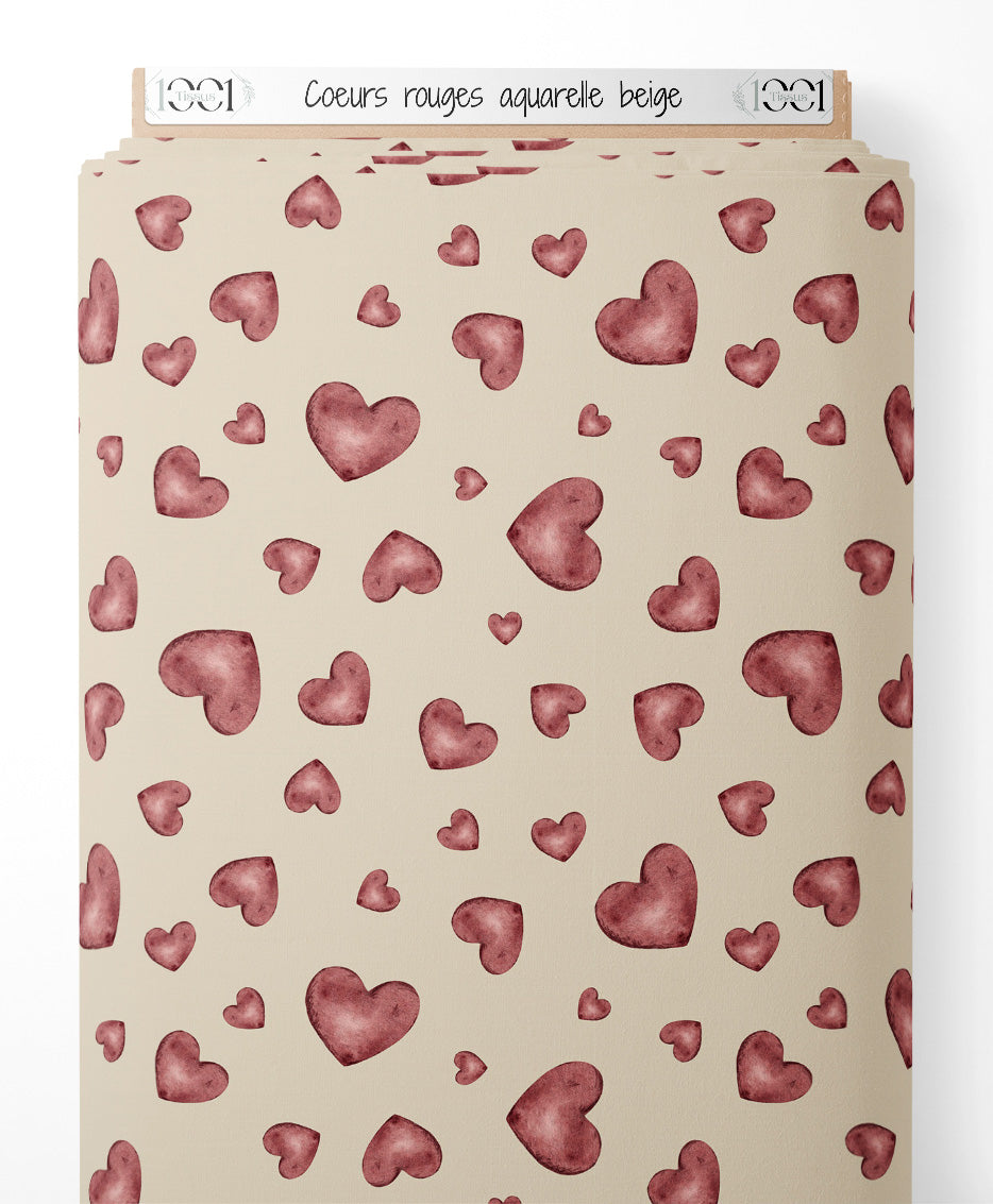 Tissu - Cœurs rouges aquarelle beige