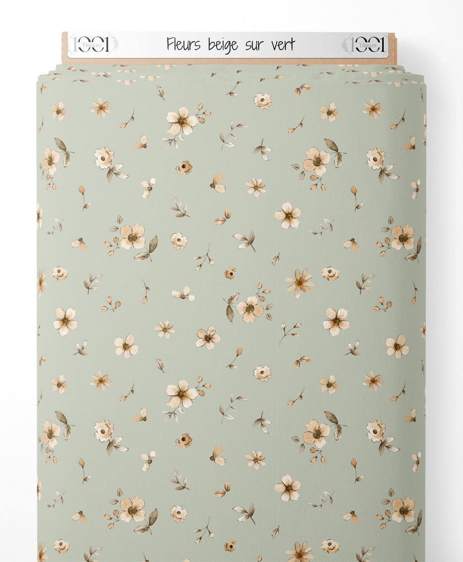 Tissu - Fleurs beige sur vert