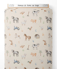Tissu - Animaux de ferme sur beige