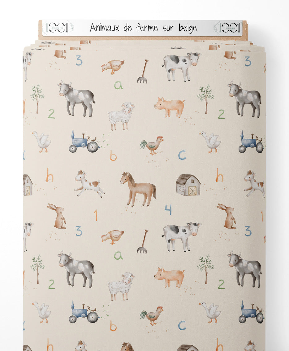 Tissu - Animaux de ferme sur beige