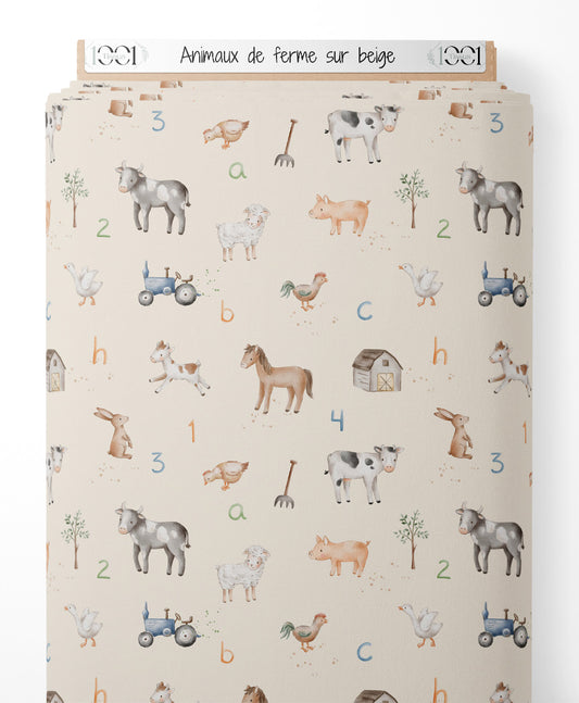 Tissu - Animaux de ferme sur beige
