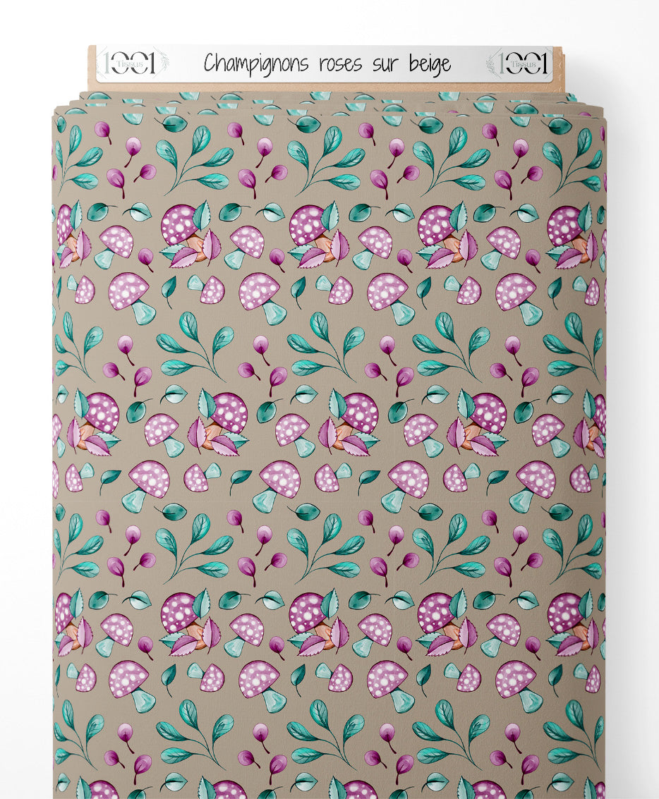 Tissu - Champignons roses sur beige