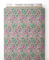 Tissu - Champignons roses sur beige
