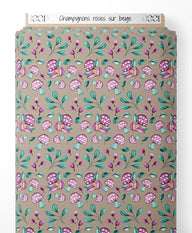 Tissu - Champignons roses sur beige