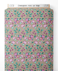 Tissu - Champignons roses sur beige
